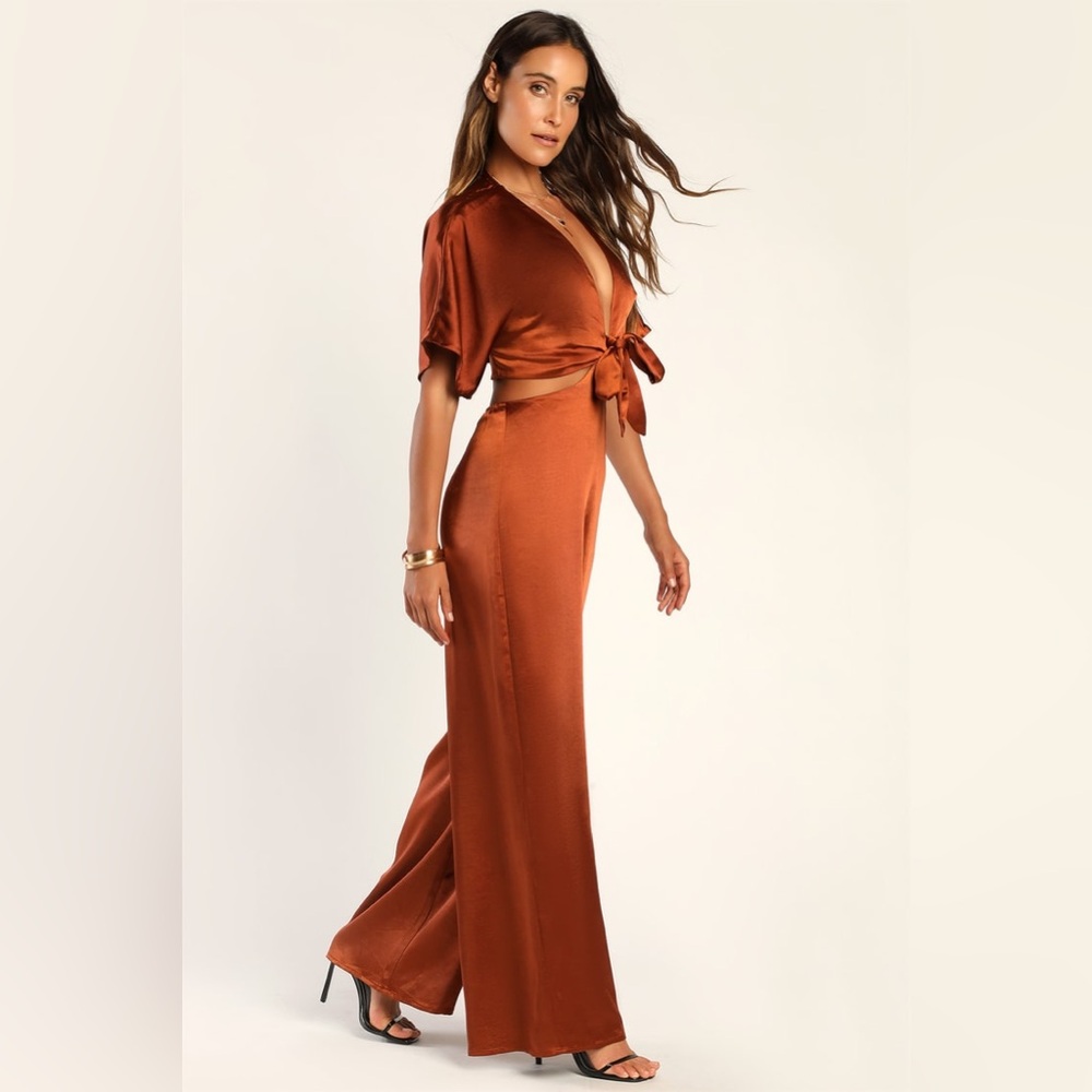 Lulus Flirt For Fun Rust Brown Tie Front Two Piece Wide Leg Jumpsuit Size XL NWT